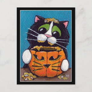 Carte Postale Tuxedo Chat avec Citrouille Halloween