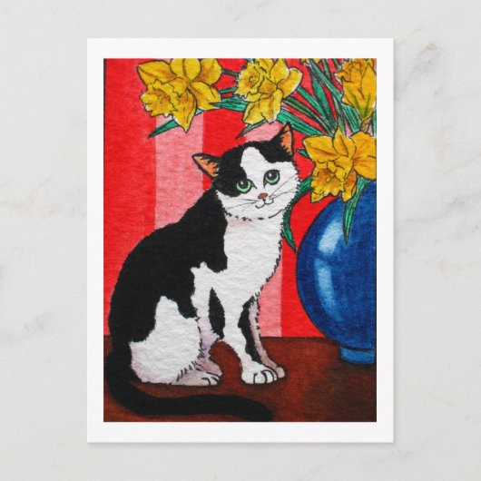Carte Postale Tuxedo chat avec des jonquilles dans un vase bleu (Devant)