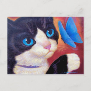 Carte postale Tuxedo Chat Chasing Papillon Peintur