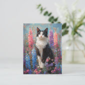 Carte Postale Tuxedo Chat Colorful Lupine Fleurs Peinture (Debout devant)