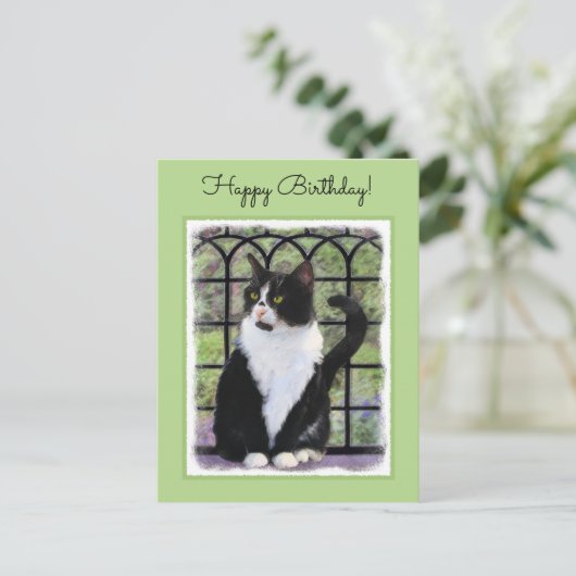 Carte Postale Tuxedo Chat dans la peinture de fenêtre Art animal (Debout devant)