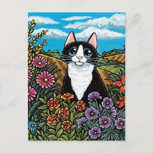 Carte Postale Tuxedo Chat dans une prairie de champ de fleurs (Devant)