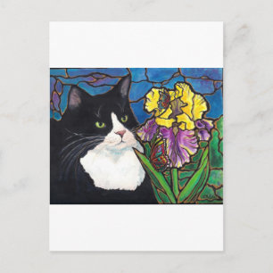 Carte Postale Tuxedo Chat Iris Fleur Papillon Tiré