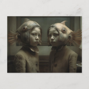 Carte Postale Twin With Fish on Heads Horror AI Art