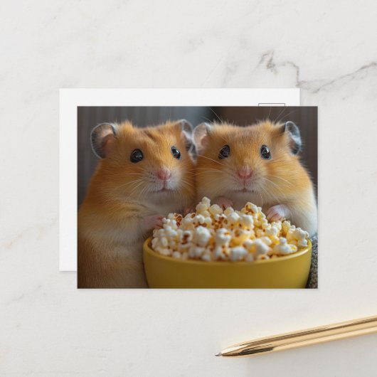 Carte Postale Two Adorable Hamsters With a Large Popcorn Bowl (Devant/Arrière en situation)