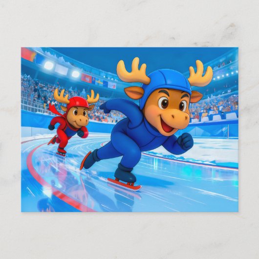 Carte Postale Two Moose Speed Skating on an Icy Track (Devant)