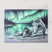 Carte Postale Two Wolves at the Waters Edge with Northern Lights (Devant)