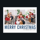 Carte Postale Typographie Bleue Joyeux Noël Photo Collage<br><div class="desc">Joyeux Noël! Carte postale de Noël personnalisable avec typographie simple en bleu et noir. Personnalisez en ajoutant trois photos,  noms,  année et autres détails. Cette carte postale moderne de Noël est disponible en d'autres couleurs et en carton.</div>