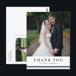 Carte Postale Typographie classique noire Merci Mariage rayé<br><div class="desc">Envoyez des remerciements à votre famille et à vos amis pour avoir assisté à votre journée spéciale avec cette carte postale de remerciement personnalisable du mariage. Il présente une typographie classique et un accent rayé. Personnalisez en ajoutant vos photos et détails mariages. Cette carte postale de remerciement de mariage élégant...</div>