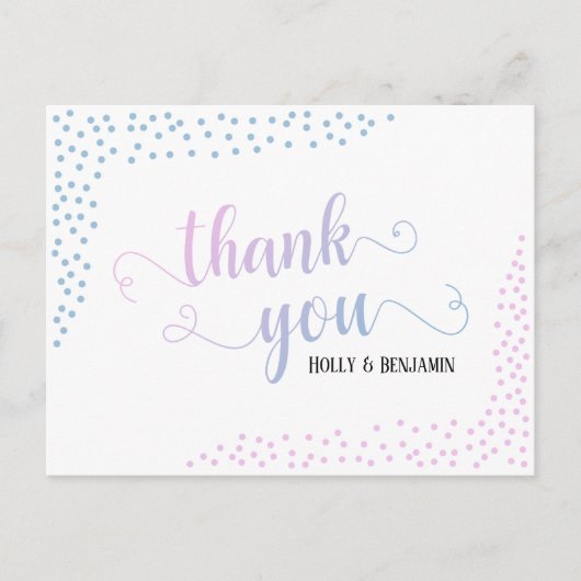 Carte Postale Typographie de confettis bleus roses pour remercie (Devant)