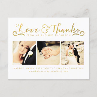 Carte Postale Typographie de script Merci or blanc