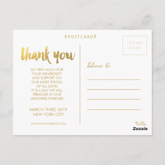 Carte Postale Typographie de script Merci or blanc (Dos)