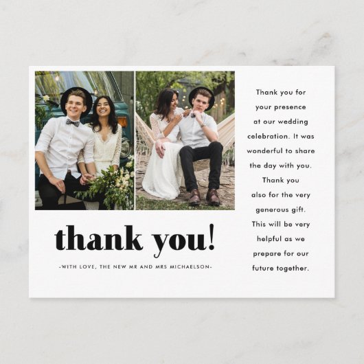 Carte Postale Typographie du Merci Mariage fantastique Deux phot (Devant)