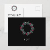 Carte Postale Typographie "JOY" Holly Berry Wreath Holiday (Devant / Derrière)