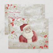 Carte Postale Typographie "Joyeux Noël" Aquarelle Père Noël (Devant / Derrière)