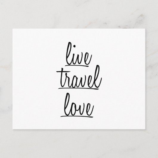 Carte Postale Typographie "Live, Travel, Love" en noir (Devant)