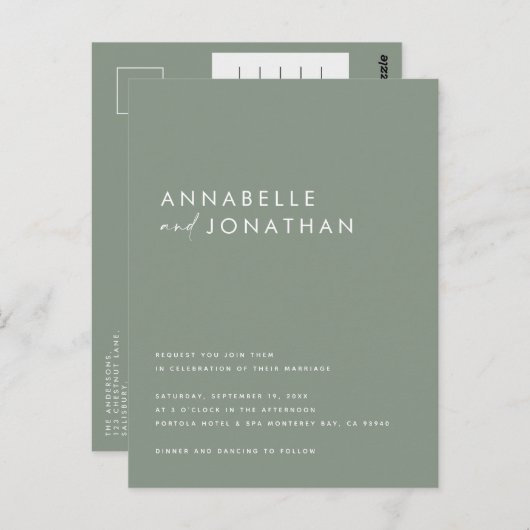 Carte Postale Typographie manuscrite moderne mariage sage vert (Devant / Derrière)