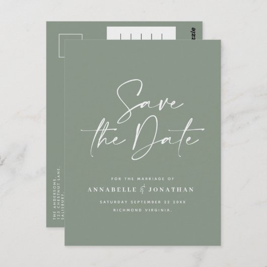 Carte Postale Typographie manuscrite moderne mariage vert (Devant / Derrière)