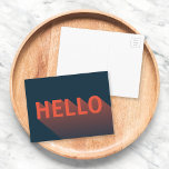 Carte Postale Typographie moderne bleu foncé et orange Hello<br><div class="desc">Envoyez un bonjour à votre famille et à vos amis avec cette carte bleu foncé amusante avec un design abstrait moderne d'un orange "Hello" avec un long dégradé d'ombre. *Veuillez noter que le filigrane Zazzle qui apparaît dans l'aperçu du zoom n'apparaîtra PAS sur le produit imprimé final. © Bois de...</div>