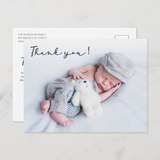 Carte Postale Typographie moderne Nouveau-né Baby Photo Merci (Devant / Derrière)