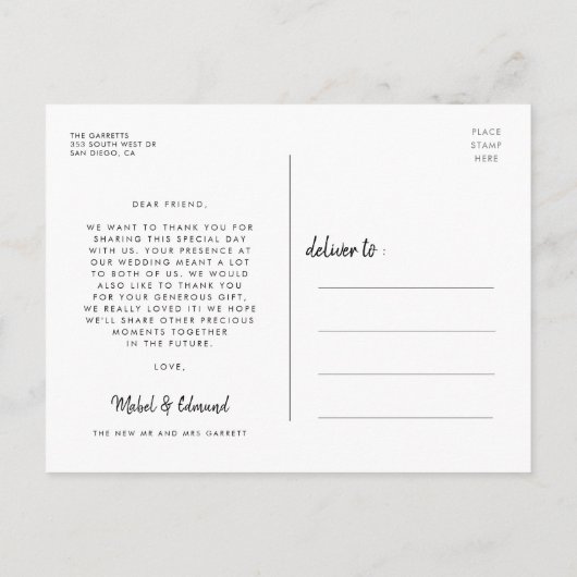 Carte Postale Typographie moderne photo mariage merci (Dos)