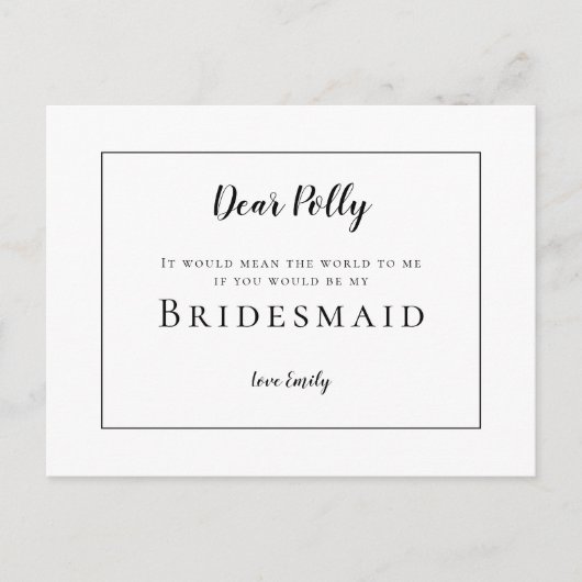 Carte Postale Typographie noire classique /Demande Bridesmaid (Devant)