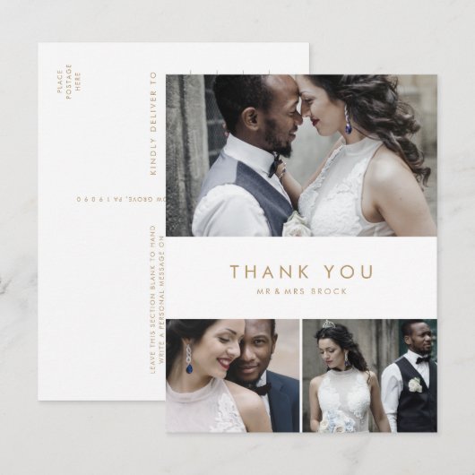 Carte Postale Typographie Or Chic 3 Photo Collage Merci (Devant / Derrière)