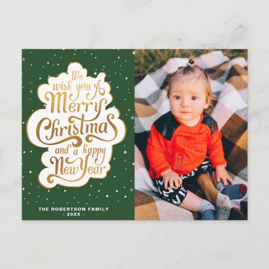 Carte Postale typographie or script vert noël vacances (Devant)