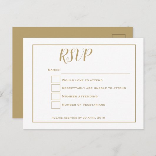 Carte Postale Typographie or simple et mariage cadre RSVP (Devant / Derrière)