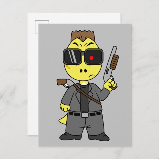 Carte Postale Tyrannosaurus Rex déguisé en Terminator. (Devant / Derrière)