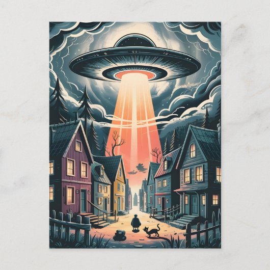 Carte Postale UFO Abduction Night Street Illustration (Devant)