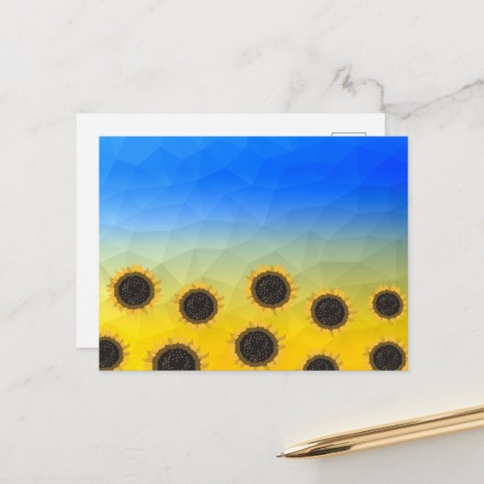 Carte Postale Ukraine jaune bleu géométrie maillage motif Fleurs (Devant/Arrière en situation)