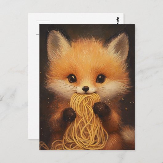 Carte Postale Un adorable bébé renard rouge mangeant des spaghet (Devant / Derrière)
