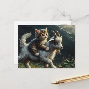 Carte Postale Un adorable chat chevauchant une chèvre