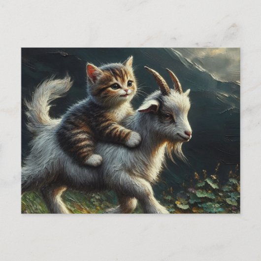 Carte Postale Un adorable chat chevauchant une chèvre (Devant)