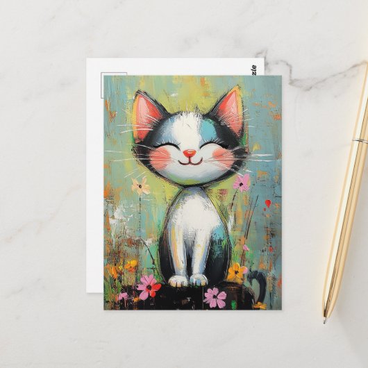 Carte Postale Un adorable chat et Fleurs (Devant/Arrière en situation)