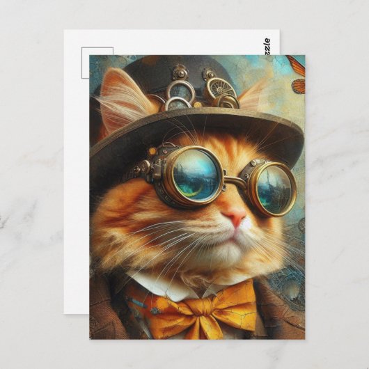 Carte Postale un adorable chat gingembre steampunk (Devant / Derrière)