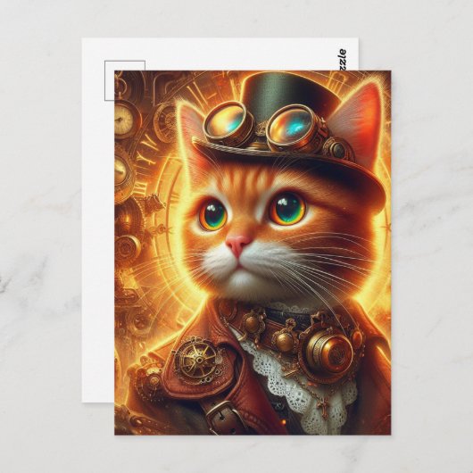Carte Postale un adorable chat gingembre steampunk (Devant / Derrière)