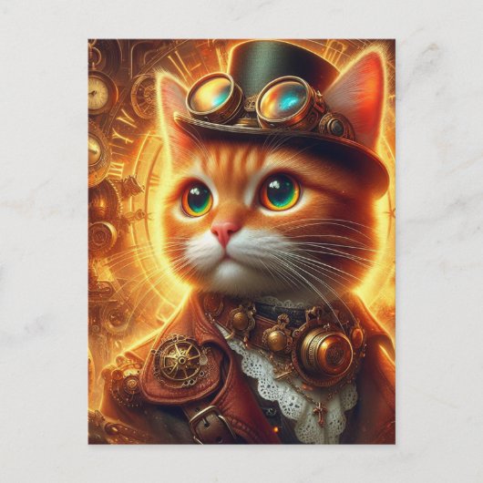 Carte Postale un adorable chat gingembre steampunk (Devant)