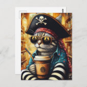 Carte Postale Un Adorable Chat Pirate Avec Café (Devant / Derrière)