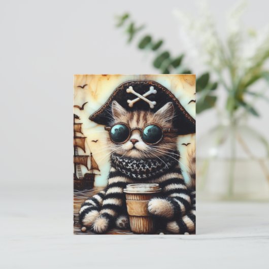 Carte Postale Un Adorable Chat Pirate Avec Un Café Encausant (Debout devant)