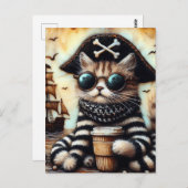 Carte Postale Un Adorable Chat Pirate Avec Un Café Encausant (Devant / Derrière)