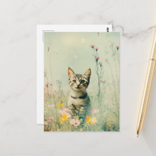 Carte Postale Un adorable chat rétro dans un champ de fleurs sau