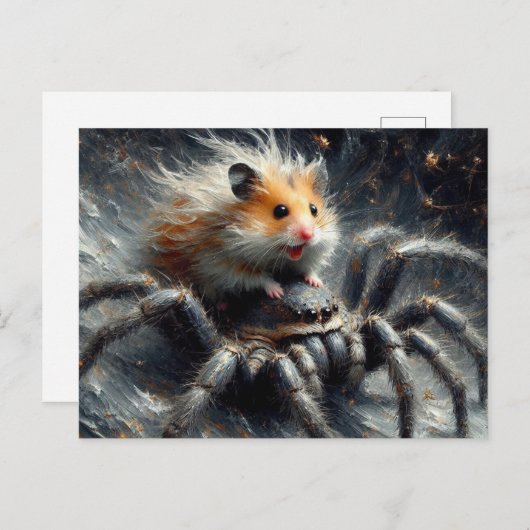 Carte Postale Un adorable hamster chevauchant une araignée géant (Devant / Derrière)