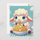 Carte Postale Un adorable mouton mangeant des spaghettis (Devant / Derrière)