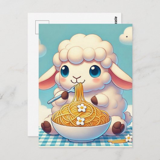 Carte Postale Un adorable mouton mangeant des spaghettis (Devant / Derrière)