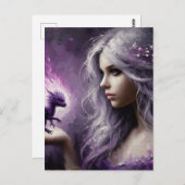 Carte Postale Un adorable petit dragon pourpre et une dame (Devant / Derrière)