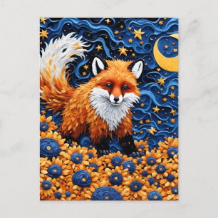 Carte Postale Un adorable renard rouge dans la galaxie des bleue
