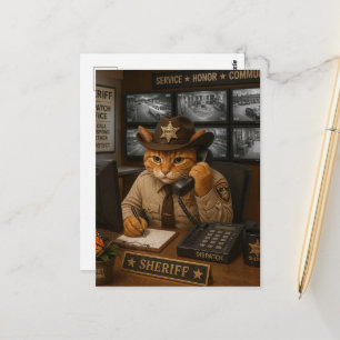 Carte Postale Un adorable shérif chat dans le bureau de dispatch