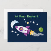 Carte Postale Un adorable vaisseau-fusée dans l'espace dessin an (Devant / Derrière)